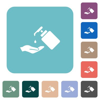 Renkli yuvarlak kare arka planlarda sıvı sabun beyaz düz simgelerle el yıkama