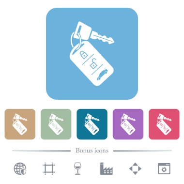 Renkli yuvarlak kare arka planlarda uzaktan kumandalı beyaz düz simgeli araba anahtarı. 6 bonus simgesi dahil