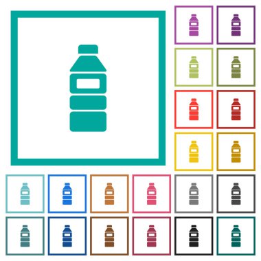 Beyaz arkaplanda çeyrek çerçeveli etiketli düz renk simgelerine sahip su şişesi