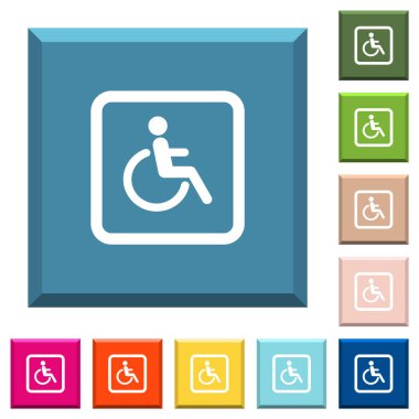 Kenarlı kare düğmelerde çeşitli moda renklerde engelli park beyaz simgeleri