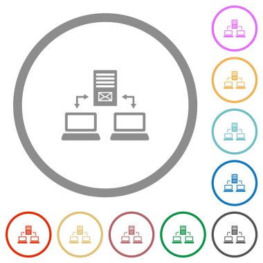 Beyaz arkaplanda yuvarlak anahatlarda posta sunucusu düz renk simgelerine çoklu bağlantılar