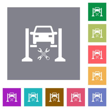 Basit renk kare arkaplanlarında araba servisi düz simgeleri