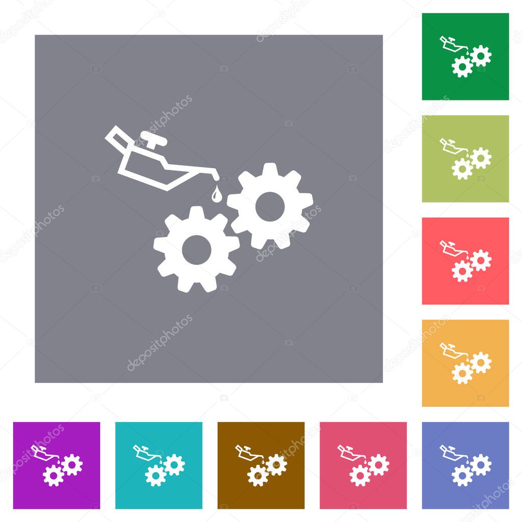 Oiler can and gears flat icons on simple color square backgrounds