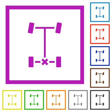 Beyaz arkaplan üzerindeki kare çerçevelerdeki arka diferansiyel kilit düz renk simgeleri
