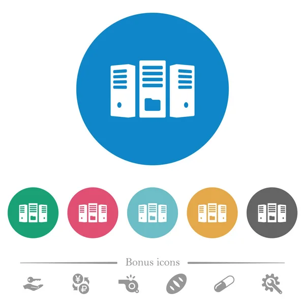 文件服务器平面白色图标在圆形的色彩背景 包括6个奖金图标 — 图库矢量图片