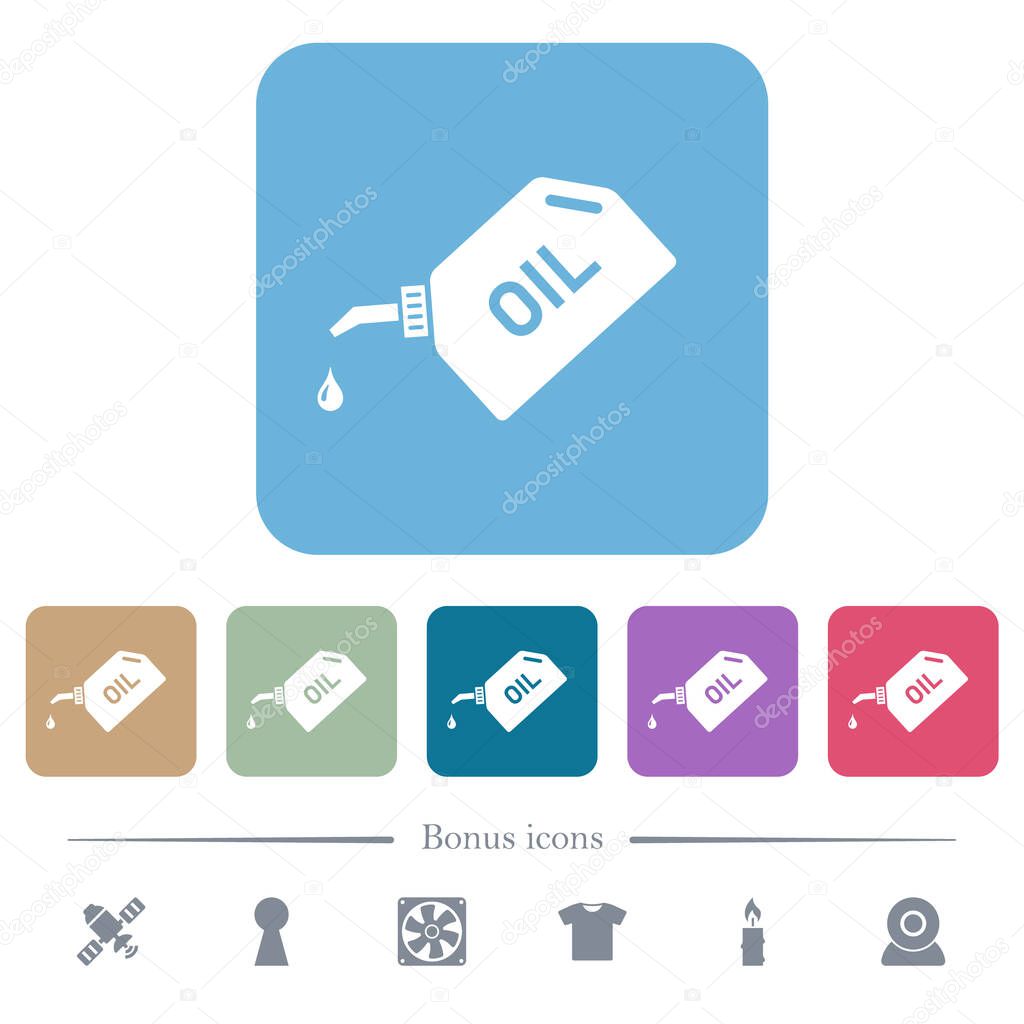Oiler with oil drop white flat icons on color rounded square backgrounds. 6 bonus icons included