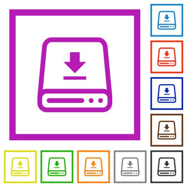 Beyaz arkaplanda kare çerçevelerde sabit diske düz renk simgeleri indir