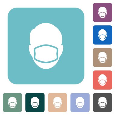 Renkli yuvarlak kare arkaplan üzerinde tıbbi maske beyaz düz simgeler ile yüz