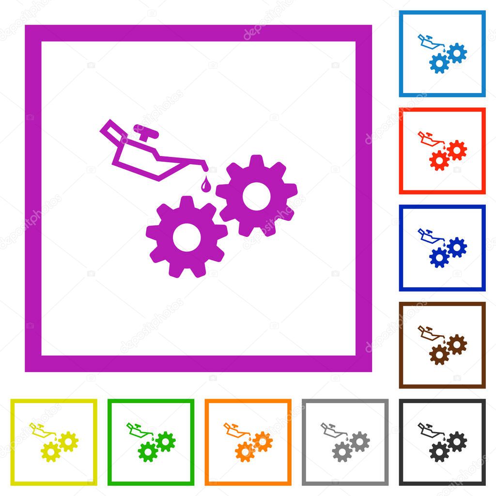 Oiler can and gears flat color icons in square frames on white background