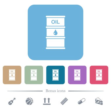 Yağ varili beyaz düz simgeler renkli yuvarlak kare arka planlar. 6 bonus simgesi dahil