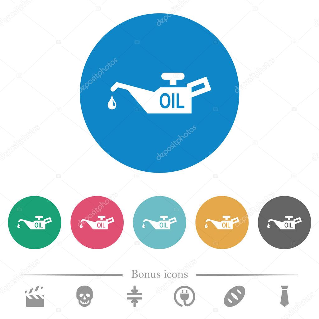 Oil level minimum indicator flat white icons on round color backgrounds. 6 bonus icons included.