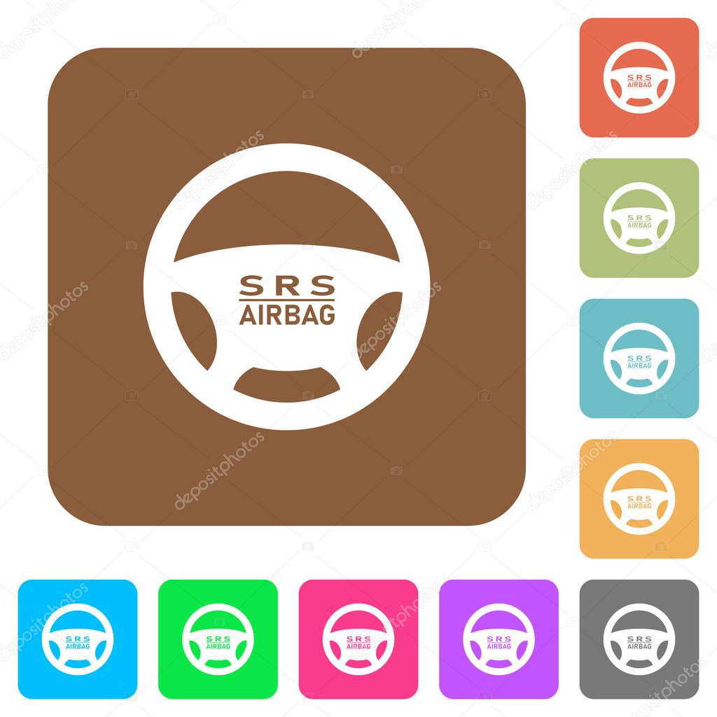 Steering wheel airbag flat icons on rounded square vivid color backgrounds.