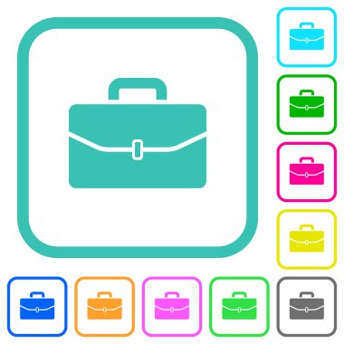 Beyaz arkaplanda kıvrımlı sınırlarda tek tokalı renkli düz simgelere sahip bir sırt çantası