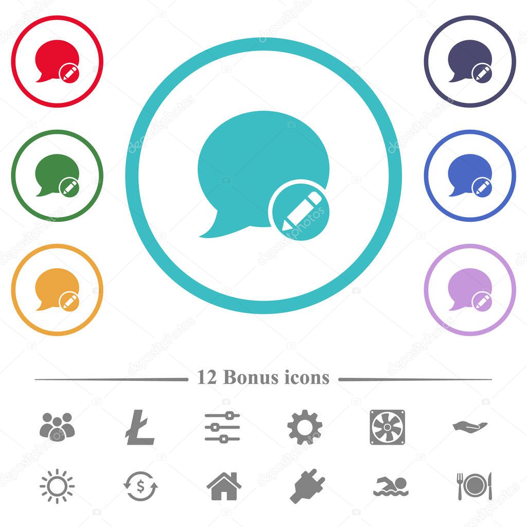 Moderate blog comment flat color icons in circle shape outlines. 12 bonus icons included.