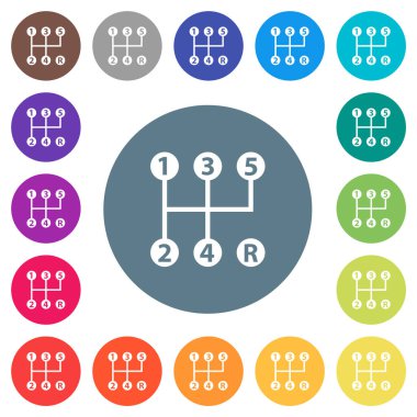 Yuvarlak renkli arka planda beş hız manuel vites kaydırma simgesi. 17 arkaplan renk varyasyonu dahil.