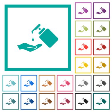 Beyaz arkaplanda çeyrek çerçeveli sıvı sabun düz renk simgeleriyle el yıkama