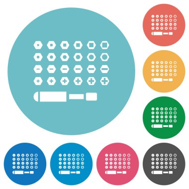 Tornavida parçaları yuvarlak renk arkaplanındaki düz beyaz simgeler