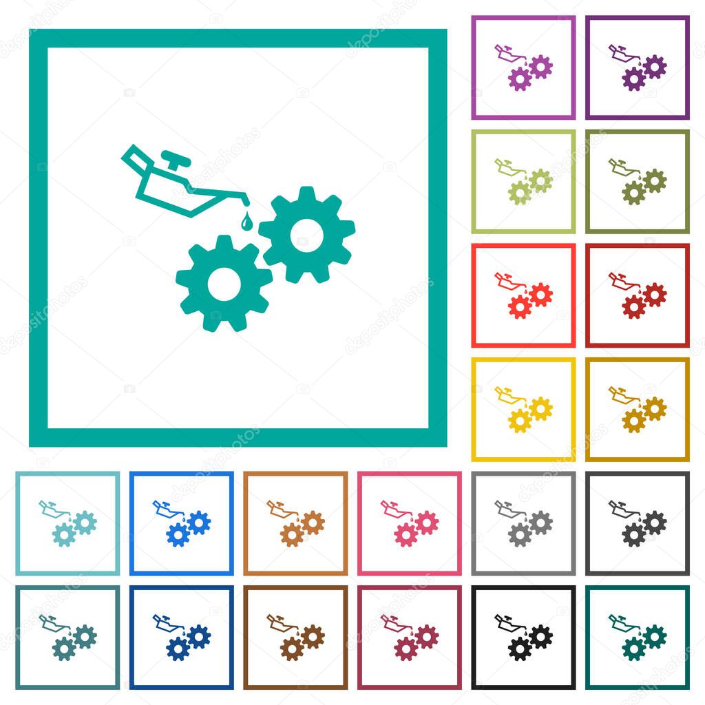 Oiler can and gears flat color icons with quadrant frames on white background