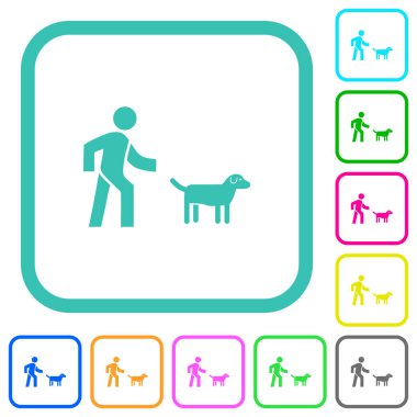 Beyaz arkaplanda kıvrımlı sınırlarda köpek yürüyüşü renkli düz simgeler