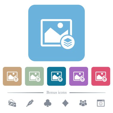 Renkli yuvarlak kare arkaplanlarda beyaz düz simgeler. 6 bonus simgesi dahil