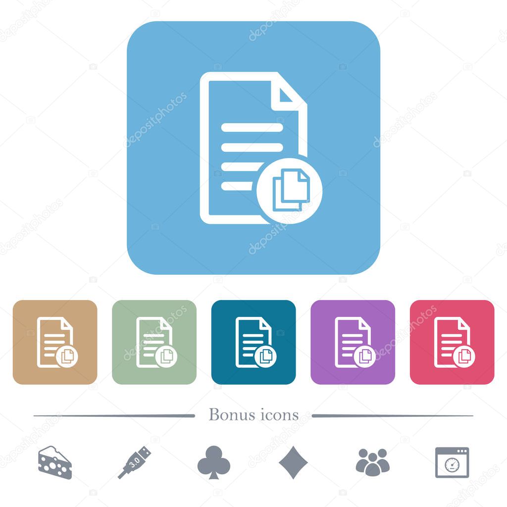 Copy document white flat icons on color rounded square backgrounds. 6 bonus icons included