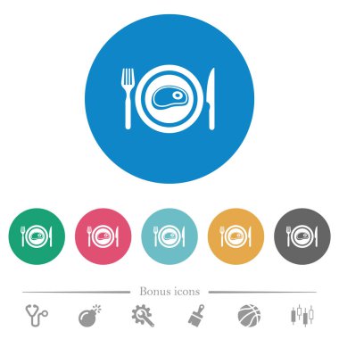 Düz beyaz simgeli, yuvarlak renkli yemek bifteği. 6 bonus simgesi dahil.