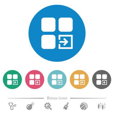 Yuvarlak renk arkaplanındaki düz beyaz simgeleri içeriye aktar. 6 bonus simgesi dahil.