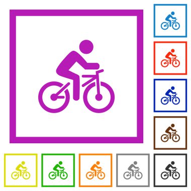 Beyaz arkaplanda kare çerçeveli binici düz renk simgelerine sahip bisiklet