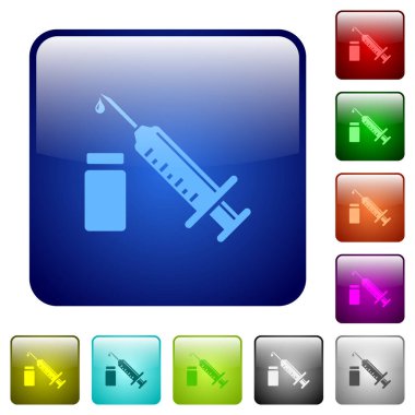 Yuvarlak kare renkli parlak düğmeli ampul simgeleri olan şırınga