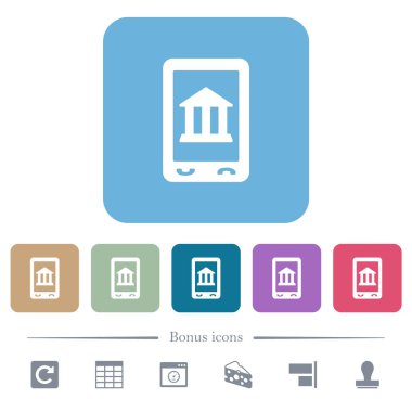 Mobil bankacılık beyaz düz simgeler renkli yuvarlak kare arka planlar. 6 bonus simgesi dahil