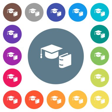 Mezuniyet şapkası ve yuvarlak renkli arka planda düz beyaz simgeler. 17 arkaplan renk varyasyonu dahil.