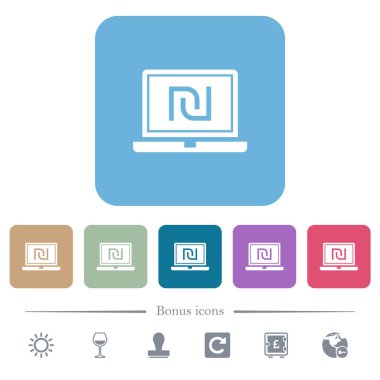 Renkli yuvarlak kare arka planlarda yeni Shekel simgelerine sahip dizüstü bilgisayar. 6 bonus simgesi dahil