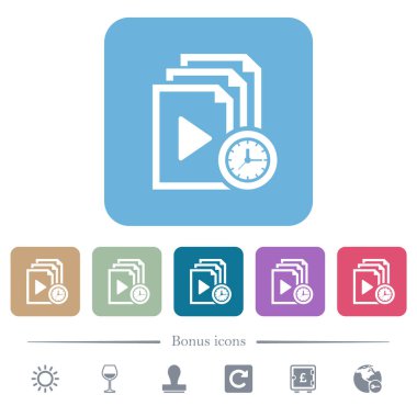 Renkli yuvarlak kare arkaplan üzerinde zaman beyaz düz simgeleri çalma listesi. 6 bonus simgesi dahil