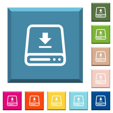 Kenarlı kare düğmelerdeki çeşitli moda renklerdeki sabit disk beyaz simgelerine indir