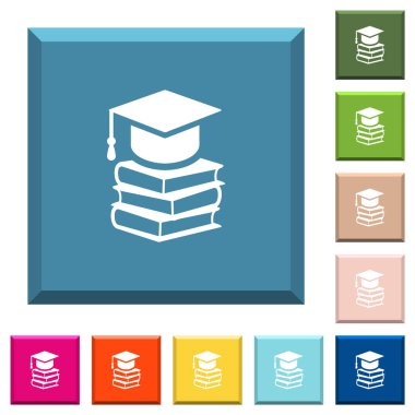 Kenarlı kare düğmeleri üzerinde üç kitaplık beyaz simge bulunan mezuniyet başlığı çeşitli moda renklerde