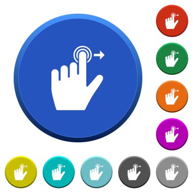 Sol el, düz yüzey ve düz beyaz simgelerle yuvarlak renkli eğimli düğmeler ile sağ hareketi kaydırır