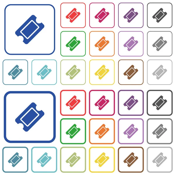 Icone Piatte Colore Biglietto Singolo Cornici Quadrate Arrotondate Versioni Sottili — Vettoriale Stock