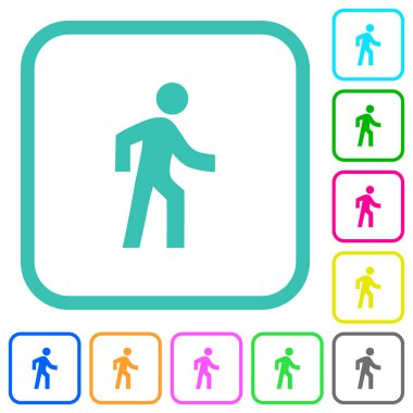 Beyaz arkaplanda kıvrımlı sınırlarda canlı renkli düz simgelerde yürüyen adam