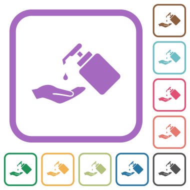 Sıvı sabunlu el yıkama, beyaz arkaplanda yuvarlak kare çerçeveli basit renkli simgeler.