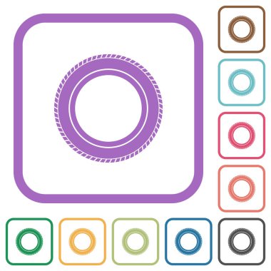 Beyaz arkaplanda renkli yuvarlak kare çerçeveli basit araba lastiği simgeleri