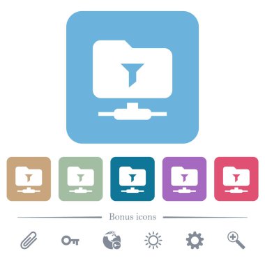 Renkli yuvarlak kare arkaplan üzerindeki FTP uzak dizin beyaz düz simgeleri filtrele. 6 bonus simgesi dahil