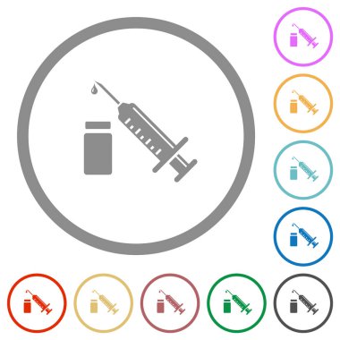 Beyaz arkaplanda yuvarlak çizgilerde ampul düz renk simgelerine sahip şırınga