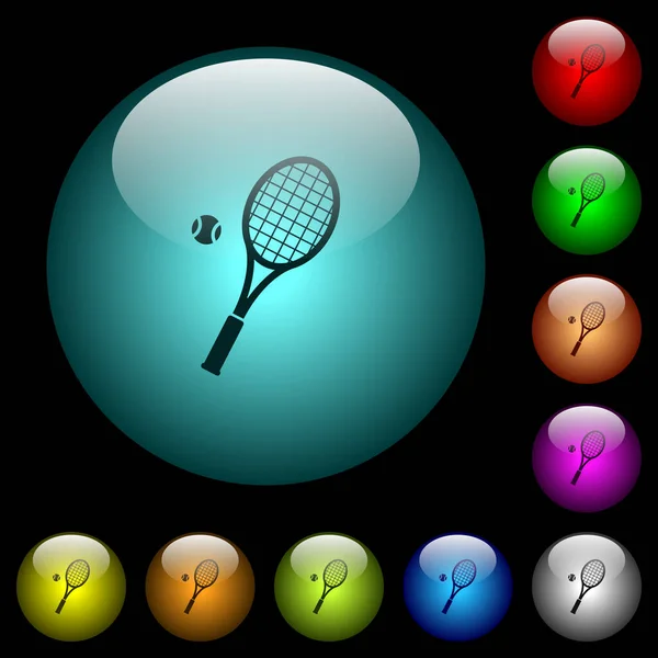 Tennis Racket Ball Icons Color Illuminated Spherical Glass Buttons Black — Stock Vector