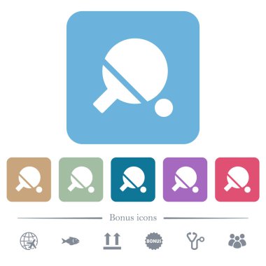 Renkli yuvarlak kare arkaplanlı masa tenisi beyaz düz simgeleri. 6 bonus simgesi dahil