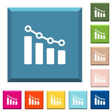 Kenarlı kare düğmelerde çeşitli moda renklerde daire ve çizgilere sahip çubuk grafiği