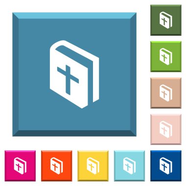 Kenarlı kare düğmelerde çeşitli moda renklerde kutsal İncil beyaz simgeleri