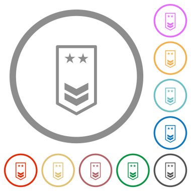 Beyaz zemin üzerinde yuvarlak çizgiler halinde iki sembolü ve iki yıldızlı düz renk simgesi olan askeri amblemler