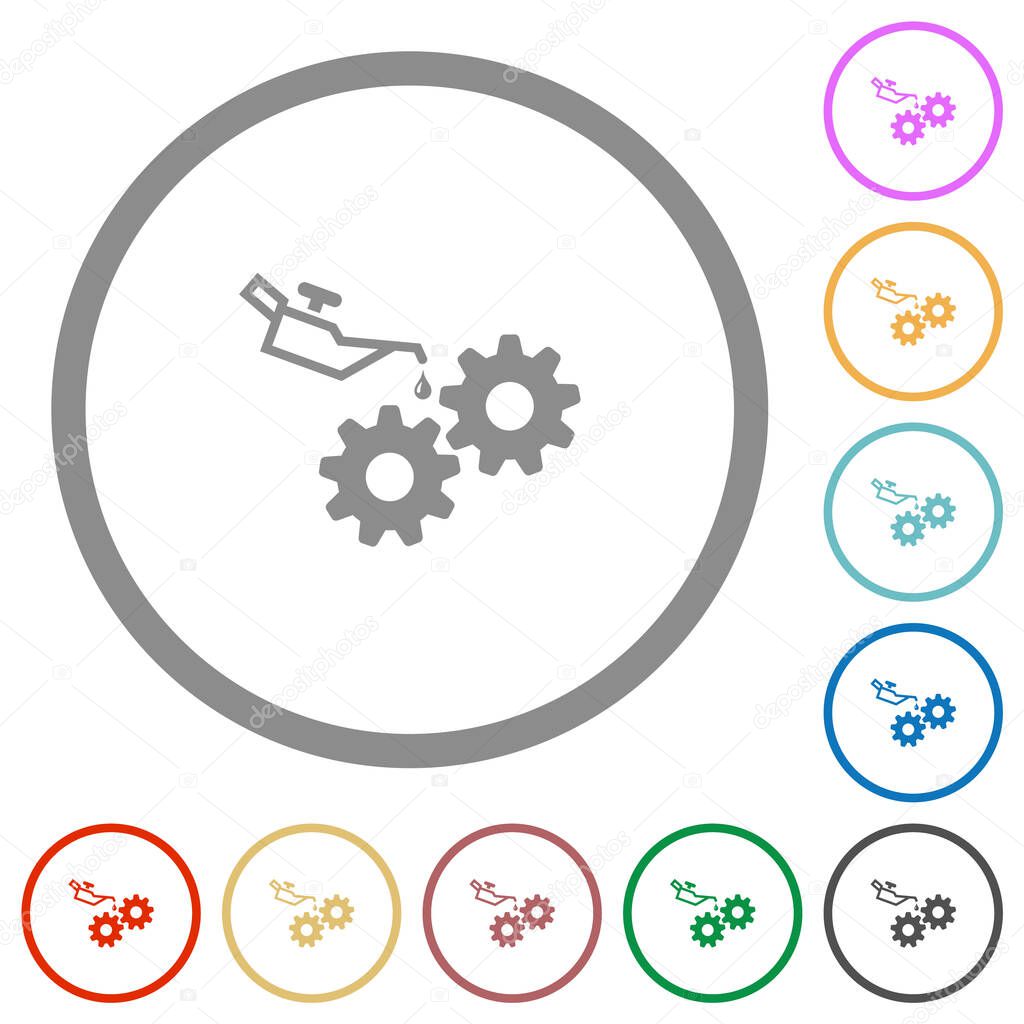 Oiler can and gears flat color icons in round outlines on white background