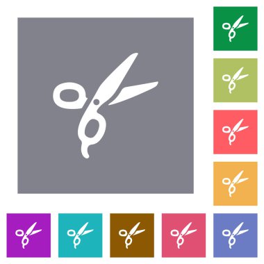 Basit renk kare arkaplanlarında berber makasları düz simgeler