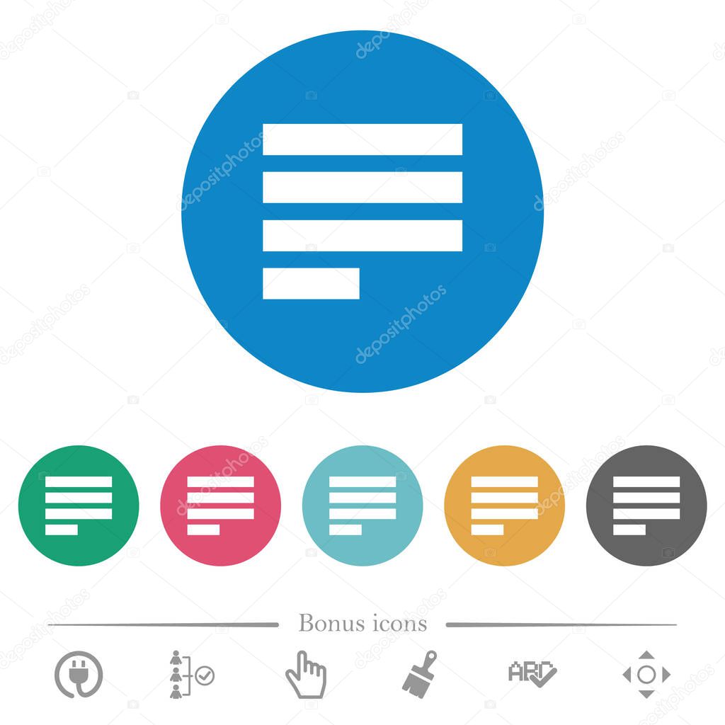 Text align justify last row left flat white icons on round color backgrounds. 6 bonus icons included.
